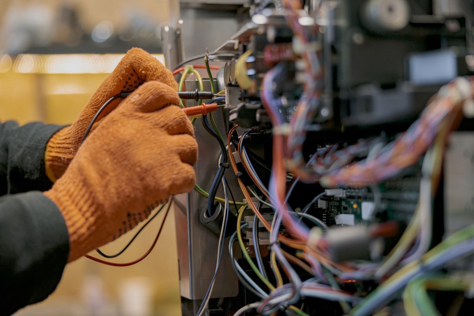 A gloved hand testing coloured wiring inside an opened electrical panel